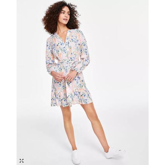 Tommy Hilfiger Floral Print Split Neck Ruffled Mini Dress Cream Pink - Picture 1 of 13